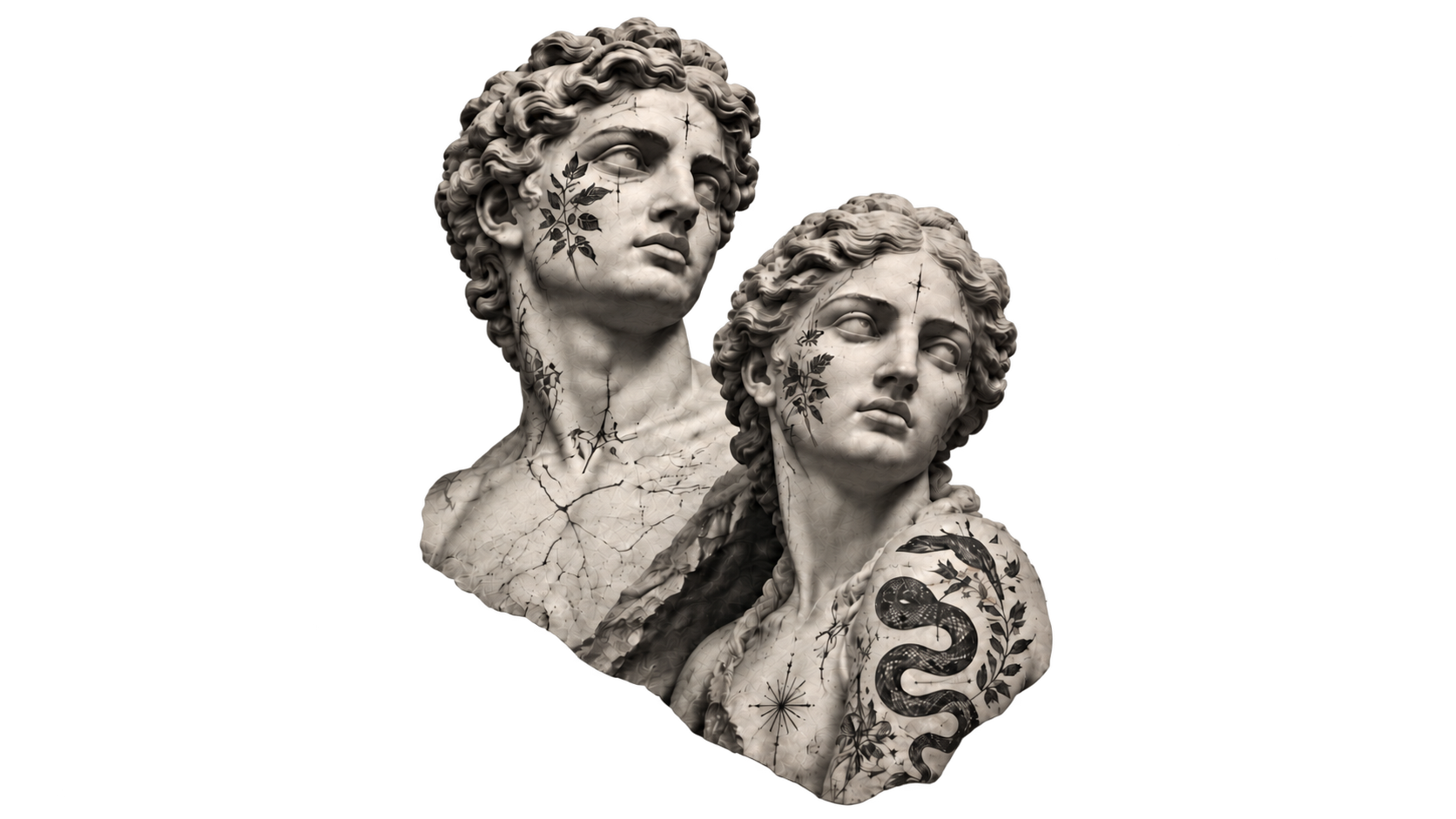 Male and female classical sculptures with tattoos